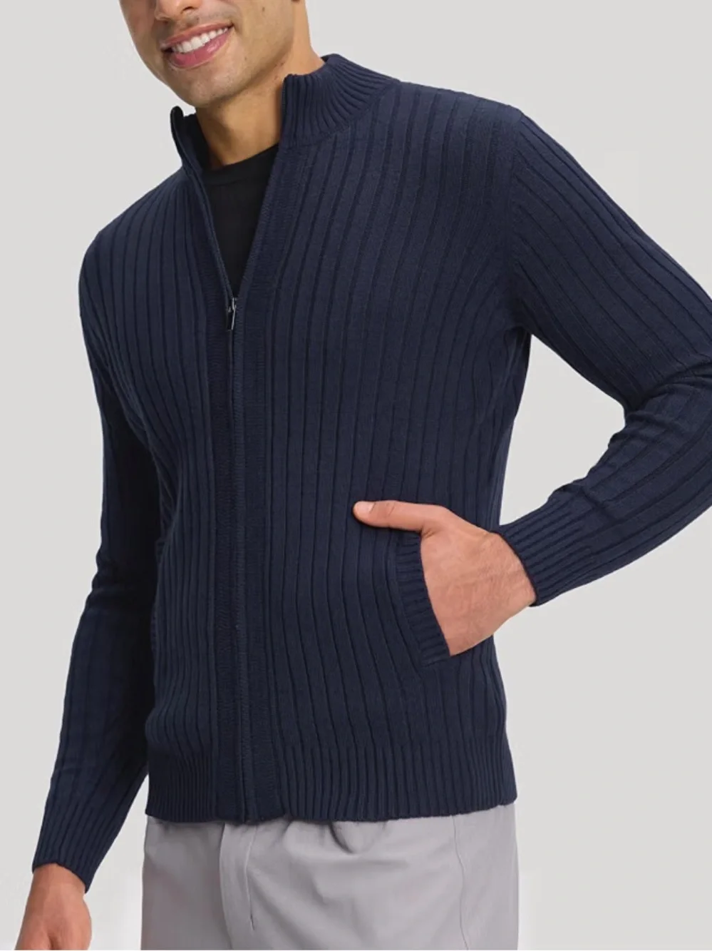 PIONEER Navy Ribbed Zip-Up Sweater Jacket